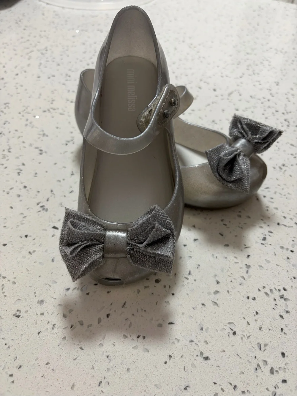Mini Melissa Girls' Metallic Silver Mary Jane with Bow
